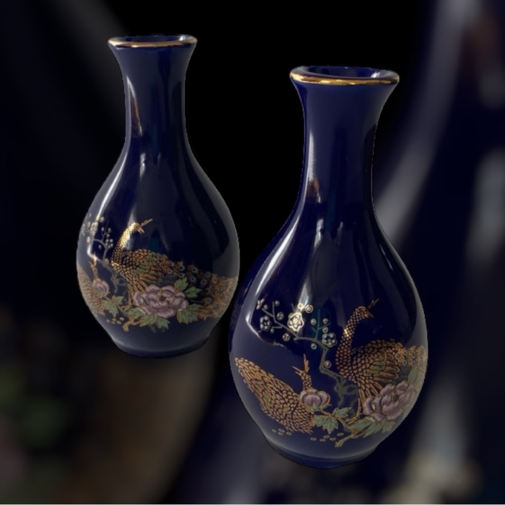 Vintage Set of 2 Mini Cobalt Blue Vases Made in Japan